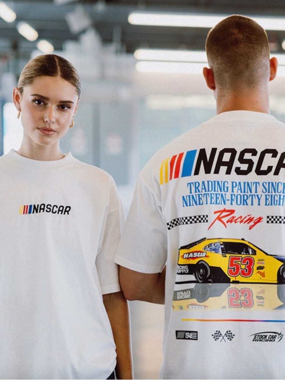 Nascar Cream Tee with Red Yellow Blue Stripe Logo